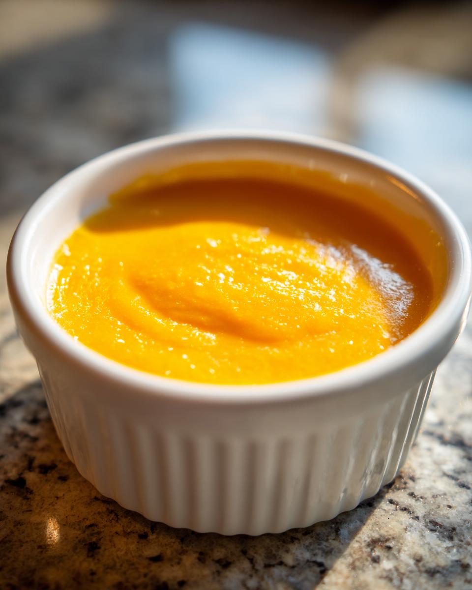 Close-up of vibrant orange beer cheese dip served in a small, white, fluted ramekin.