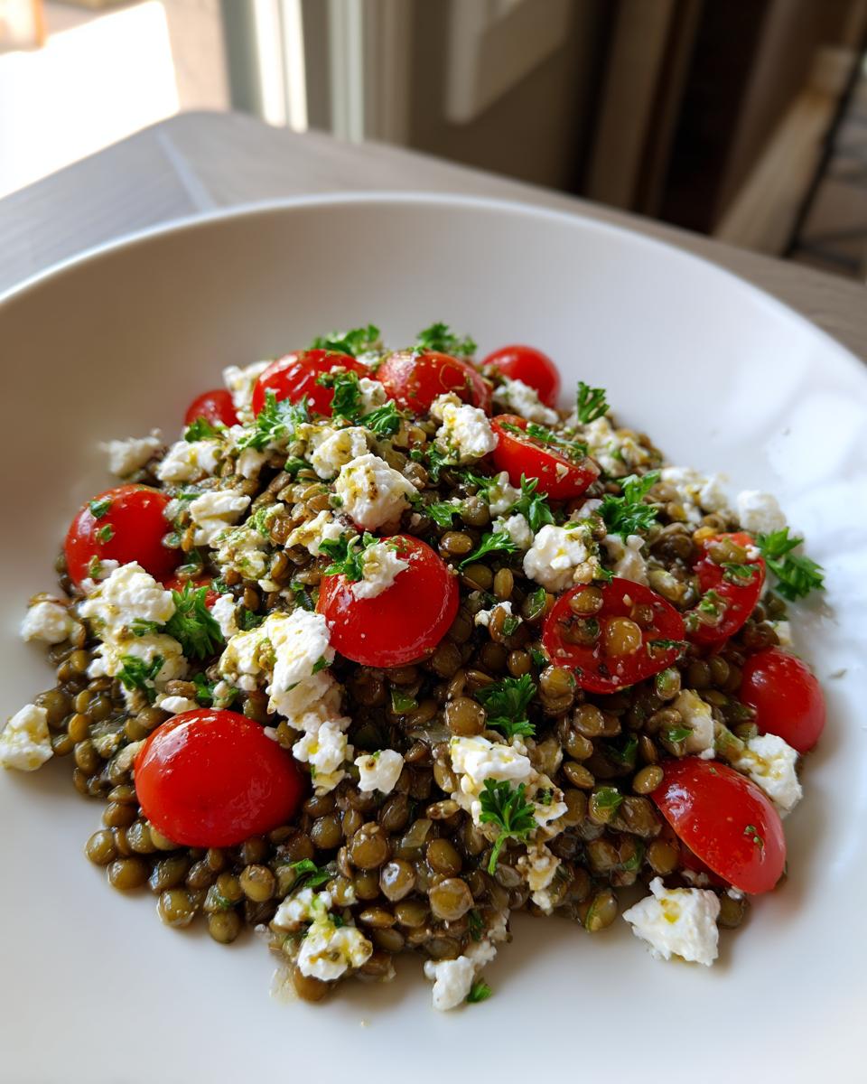 Close-up of a vibrant lentil salad featuring brown lentils, halved cherry tomatoes, crumbled feta cheese, and fresh parsley.