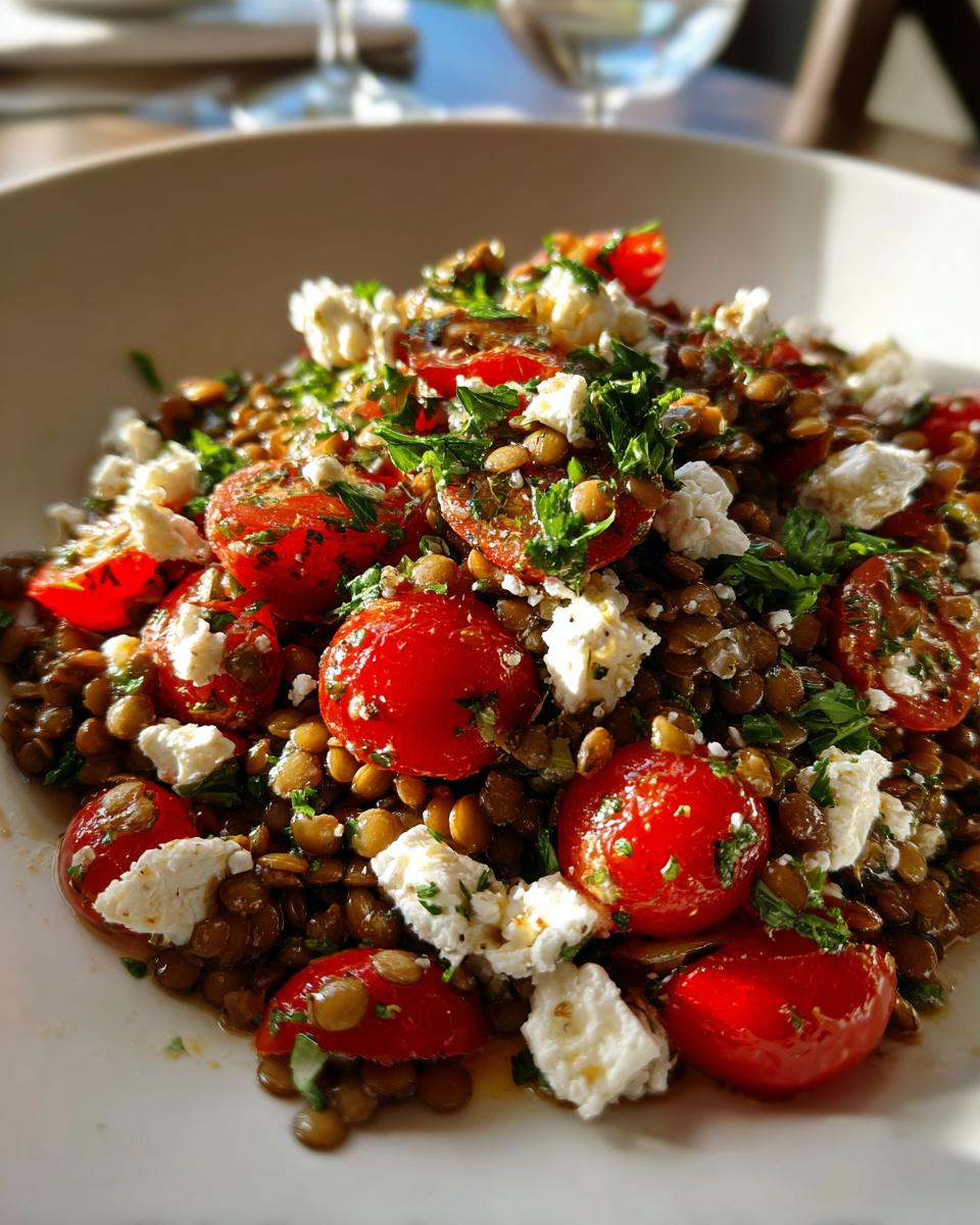 Close-up of a vibrant lentil salad mixed with halved cherry tomatoes and crumbled feta cheese, garnished with parsley.