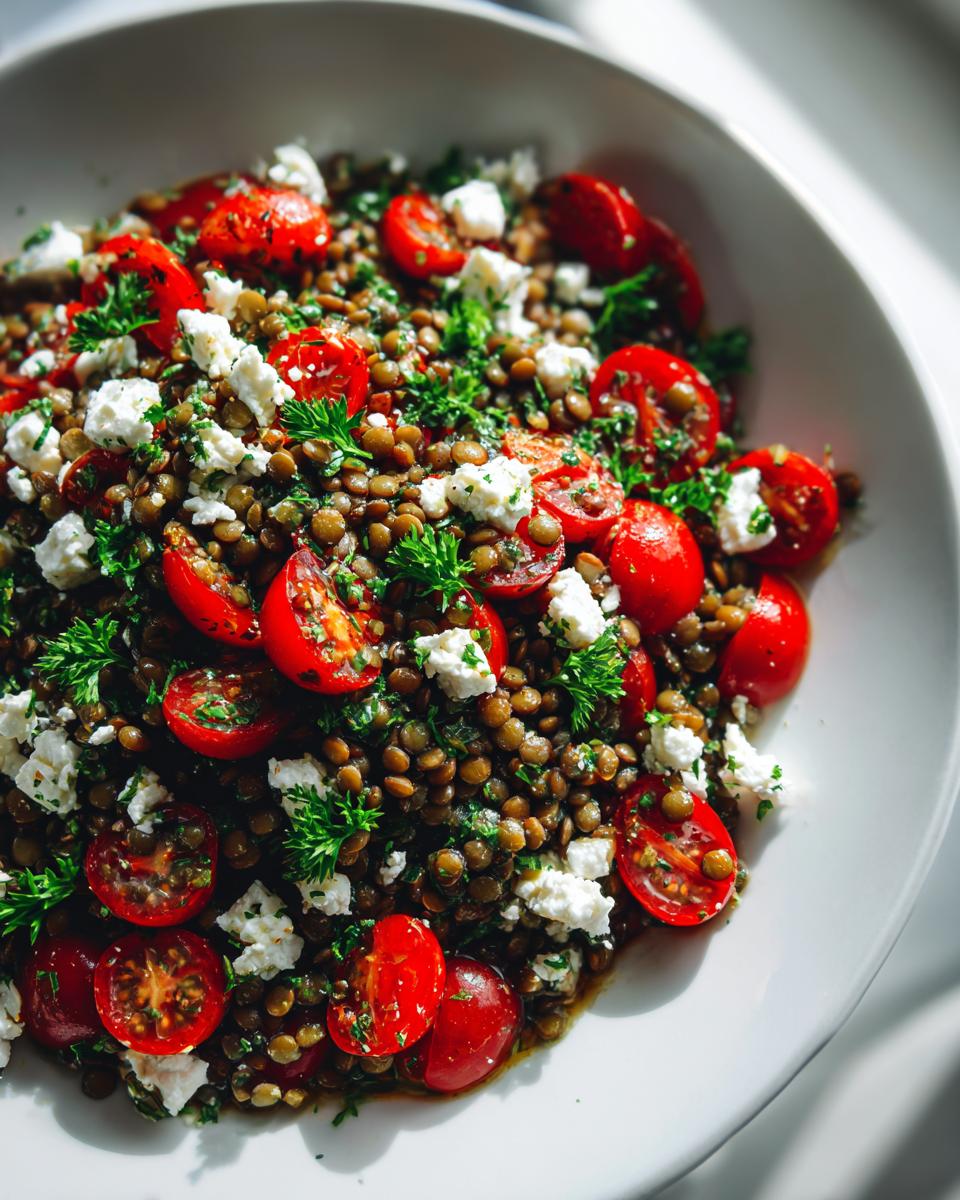 Close-up of a vibrant lentil salad mixed with halved cherry tomatoes, crumbled feta cheese, and fresh parsley.