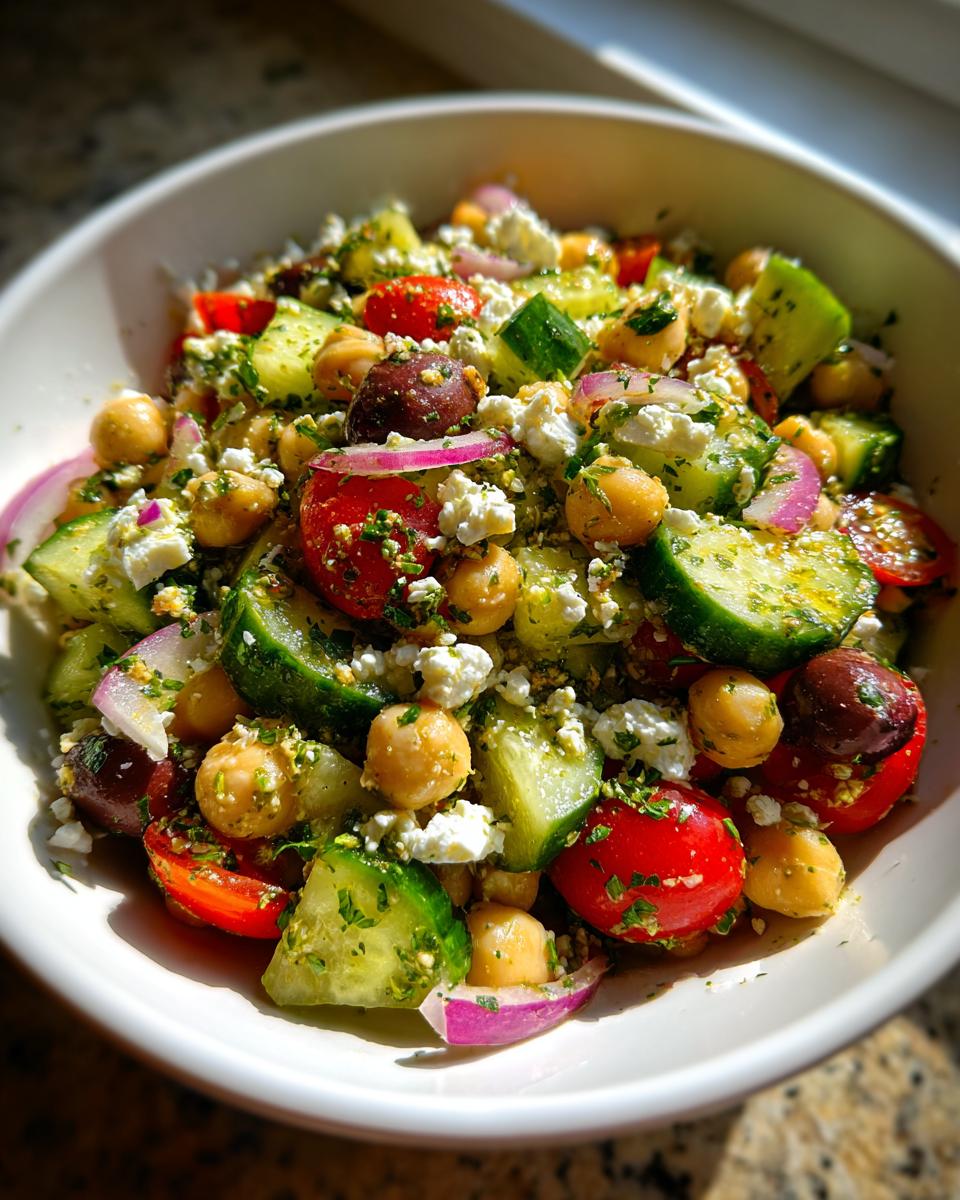Close-up of a vibrant mediterranean chickpea salad featuring chickpeas, cucumbers, tomatoes, feta, and olives in a white bowl.