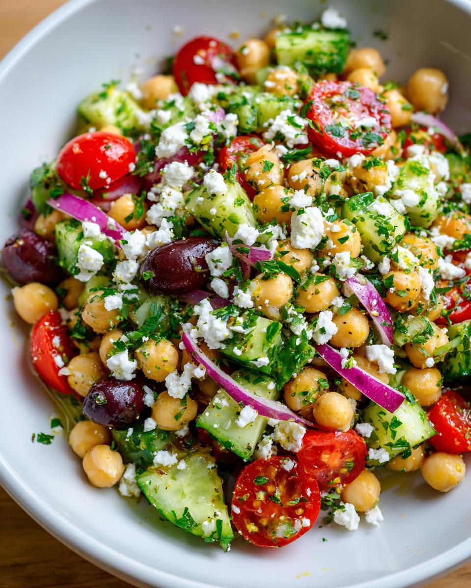 Close-up of a fresh mediterranean chickpea salad featuring chickpeas, cucumbers, tomatoes, feta, and olives.
