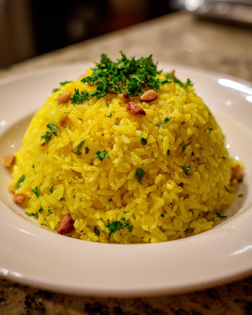 A mound of bright yellow mediterranean rice garnished with toasted pine nuts and fresh chopped parsley on a white plate.