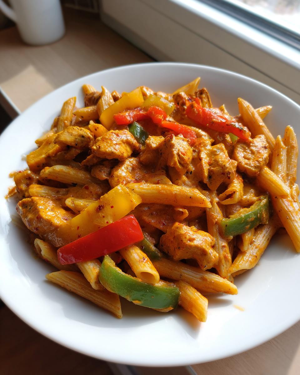 Close-up of a white bowl filled with creamy, orange-sauced rasta pasta, chicken chunks, and colorful bell peppers.