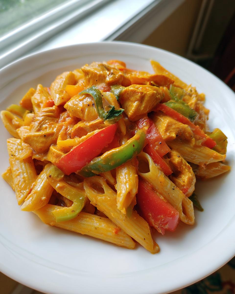 A close-up of creamy, orange-hued Rasta Pasta mixed with chunks of chicken and colorful bell peppers.