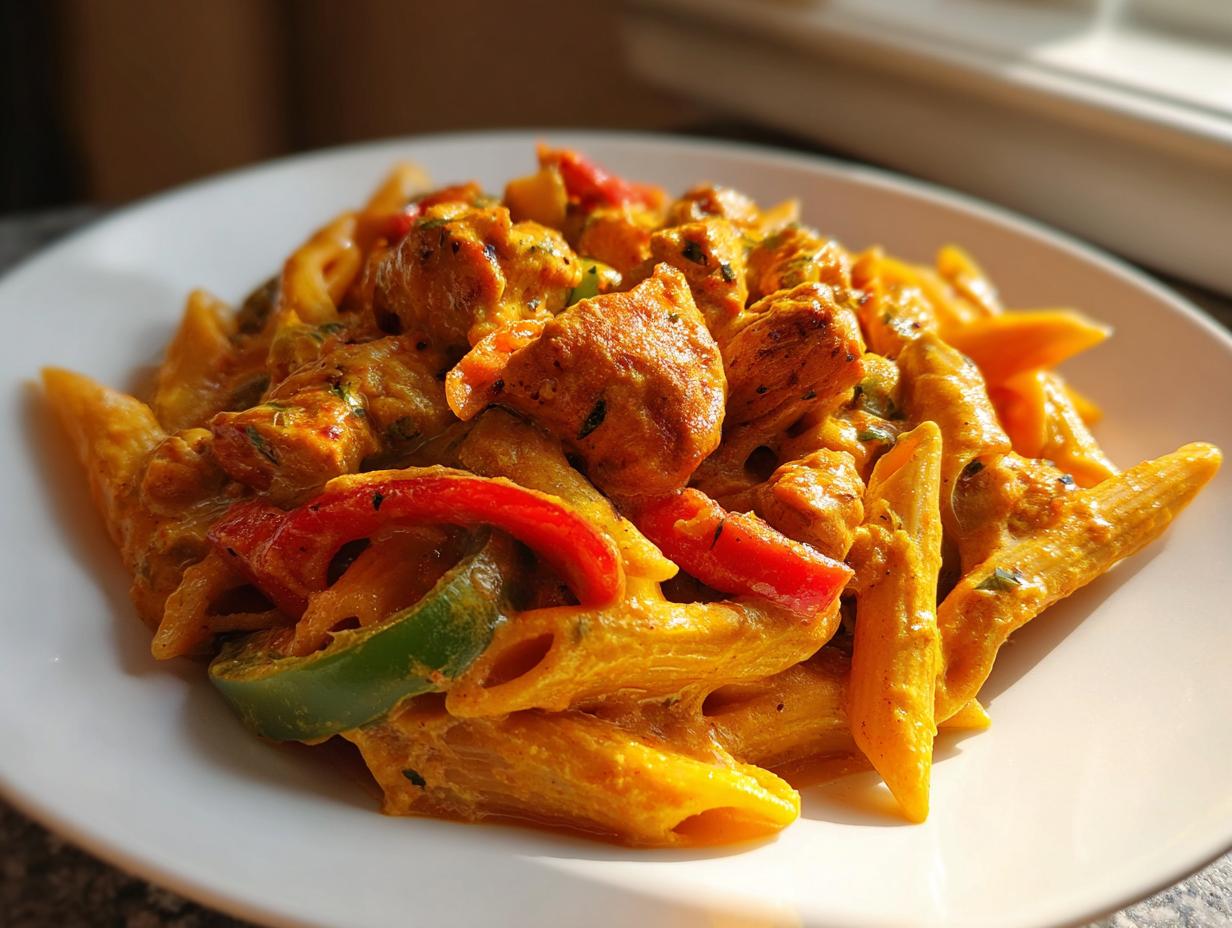 A close-up of creamy, orange-hued Rasta Pasta featuring penne, chicken chunks, and bright red and green bell peppers.