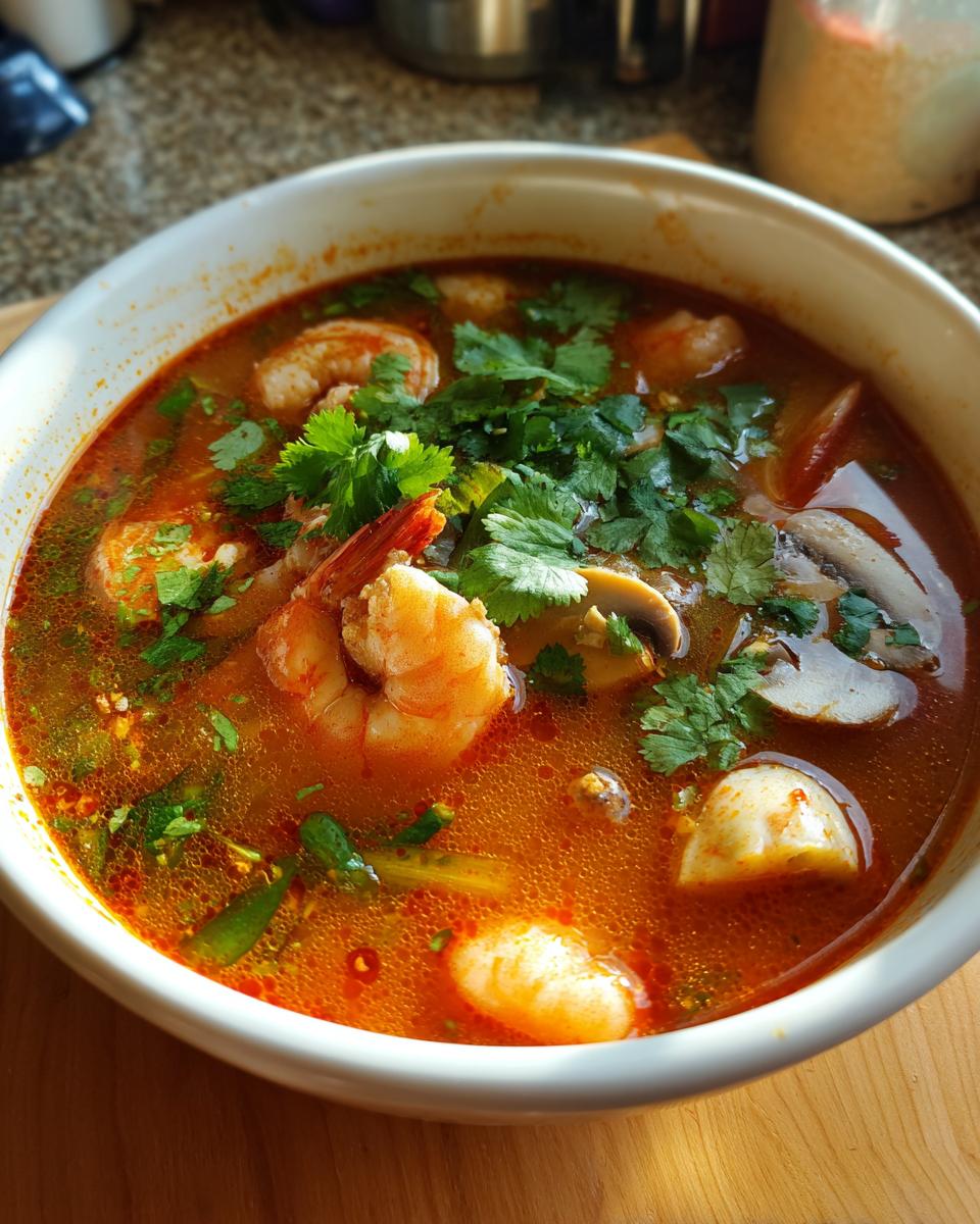 Close-up of a vibrant, spicy tom yum soup featuring large shrimp, sliced mushrooms, and fresh cilantro garnish.
