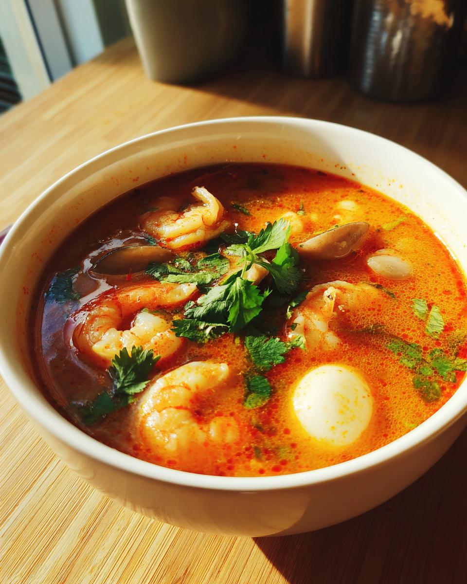 Close-up of a steaming bowl of bright orange tom yum soup featuring large shrimp, mushrooms, and fresh cilantro garnish.