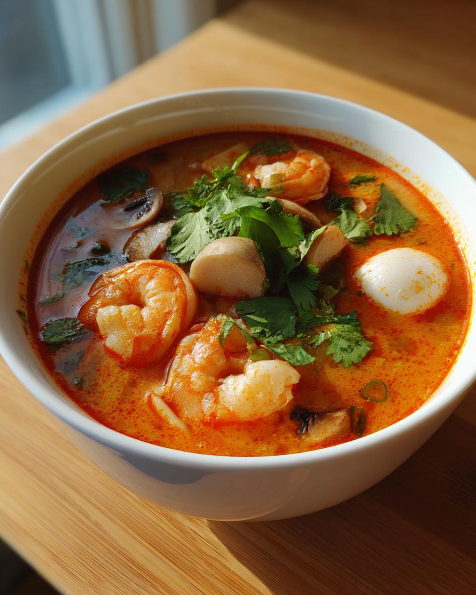Close-up of a white bowl filled with rich, orange-red tom yum soup featuring large shrimp, mushrooms, and cilantro.