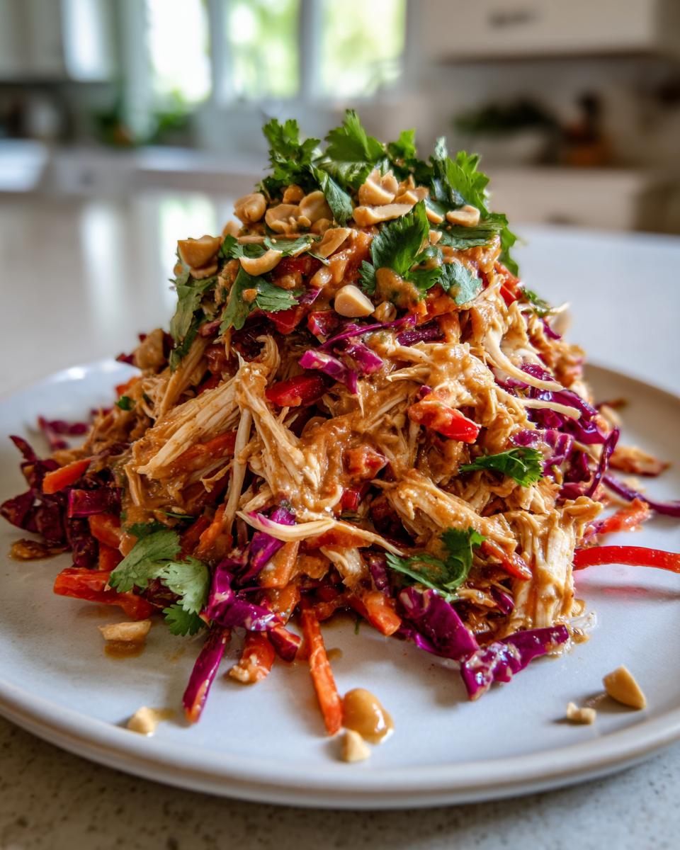A tall mound of colorful thai chicken salad featuring shredded chicken, red cabbage, carrots, and topped with peanuts and cilantro.
