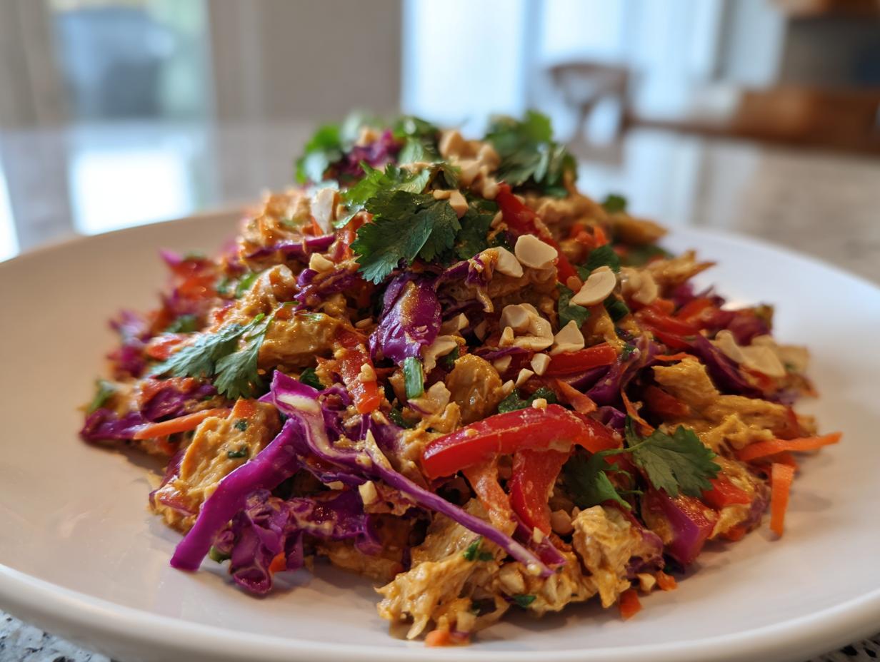 A vibrant mound of thai chicken salad featuring shredded chicken, red cabbage, carrots, and topped with chopped peanuts and cilantro.