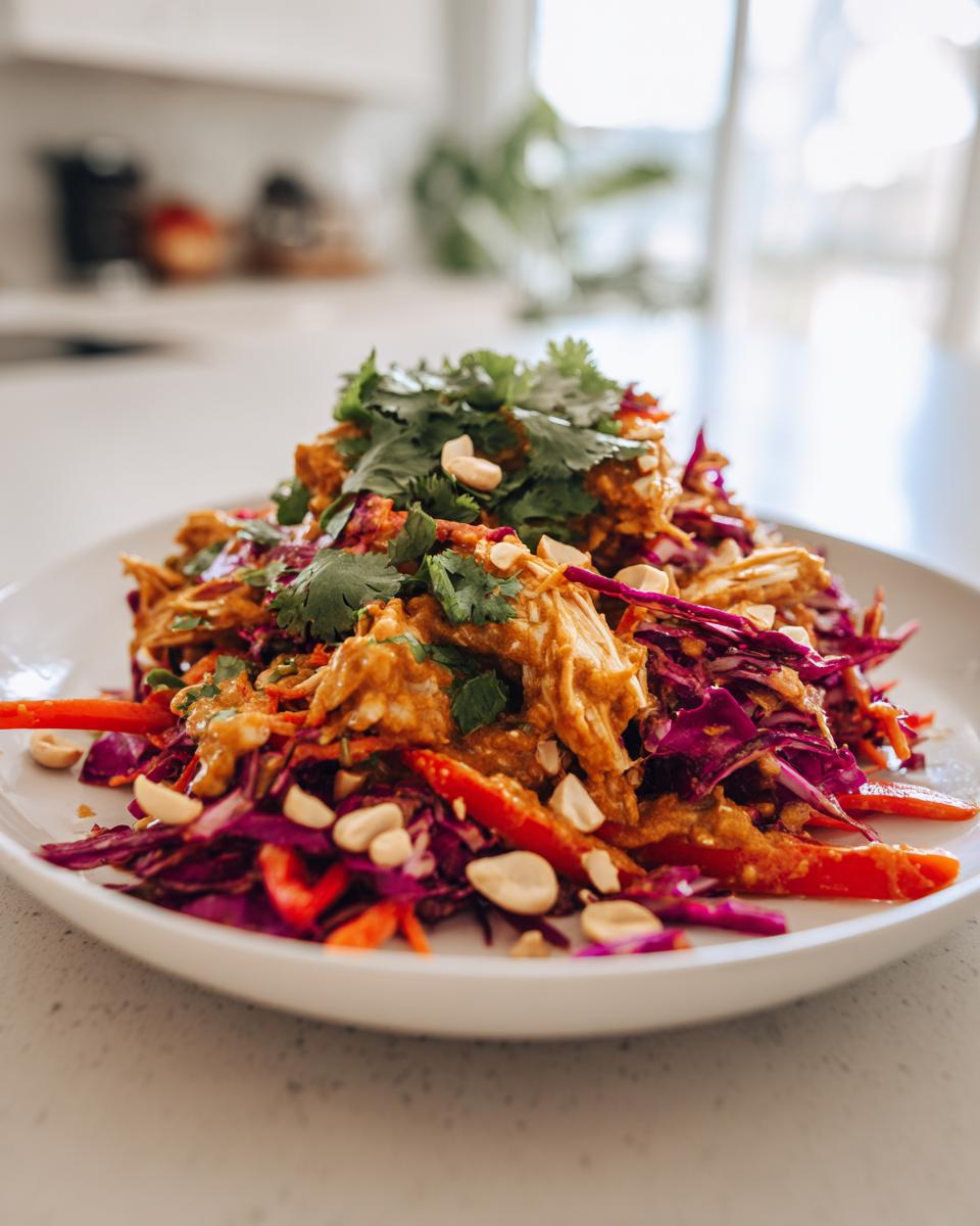 A vibrant thai chicken salad featuring shredded chicken in peanut sauce over red cabbage and topped with cilantro and peanuts.