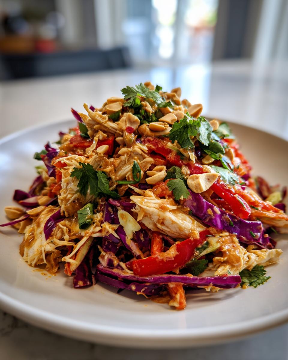 A close-up of a vibrant thai chicken salad featuring shredded chicken, red cabbage, red peppers, and topped with crushed peanuts and cilantro.