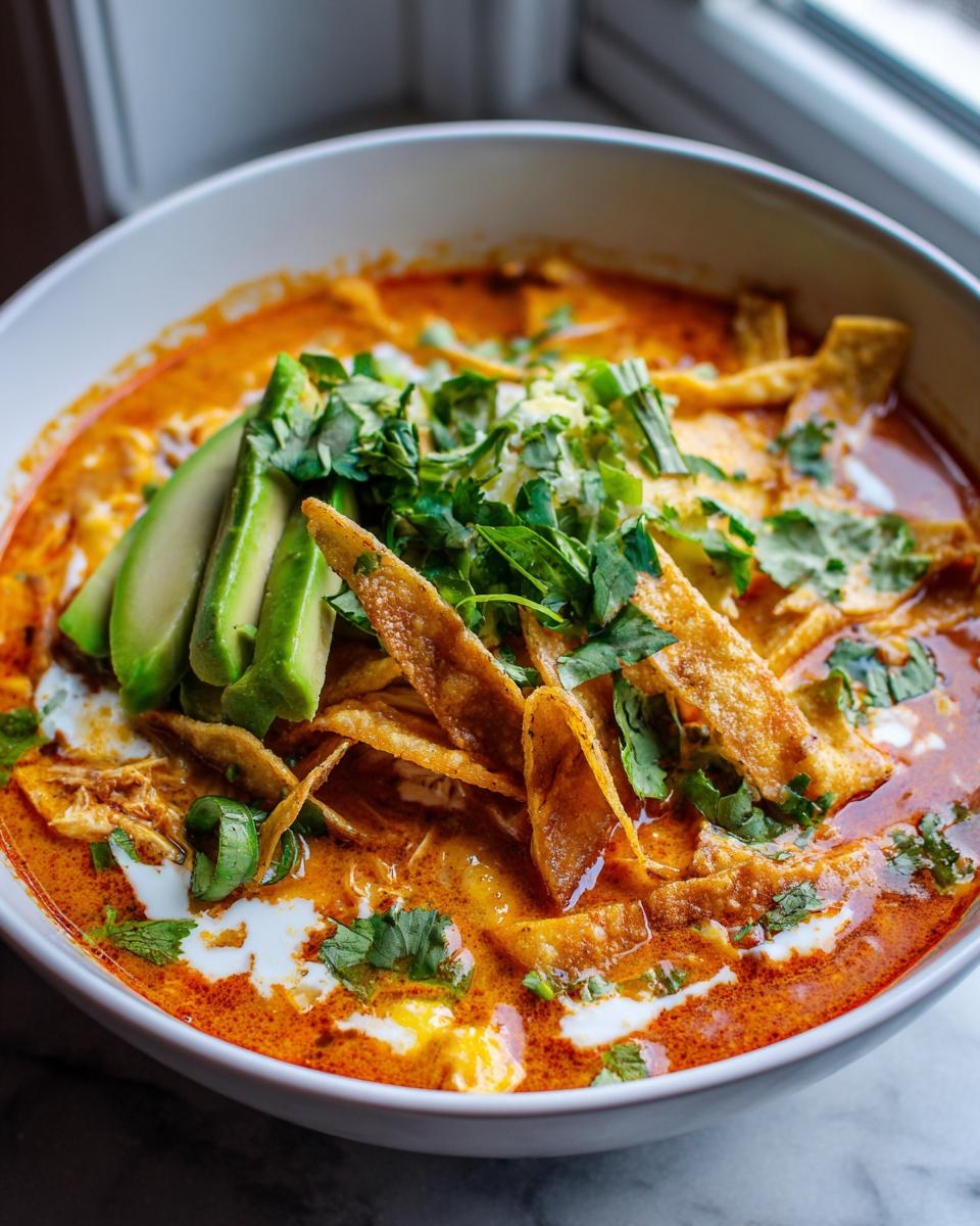 Close-up of a vibrant, orange-red tortilla soup topped with avocado slices, fried tortilla strips, and fresh cilantro.
