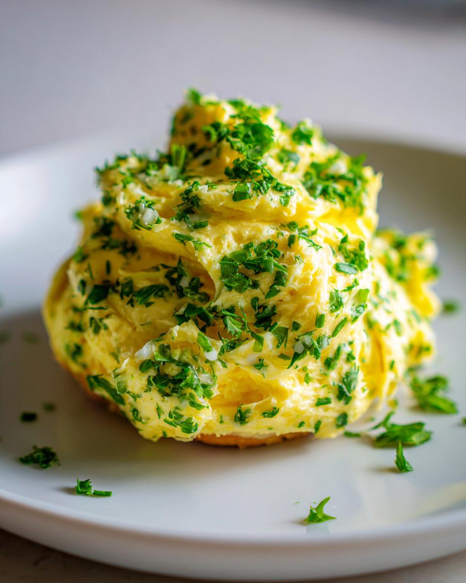 A mound of creamy, whipped garlic butter generously topped with chopped green parsley on a white plate.