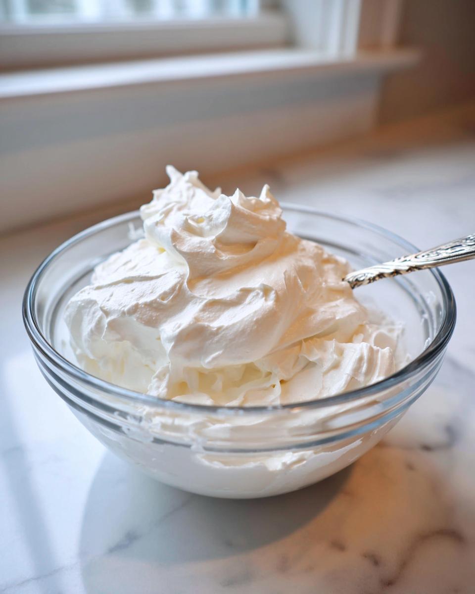 A clear glass bowl filled with stiff, white whipped topping, possibly meringue or cream, next to a spoon. This is related to the royal icing recipe.