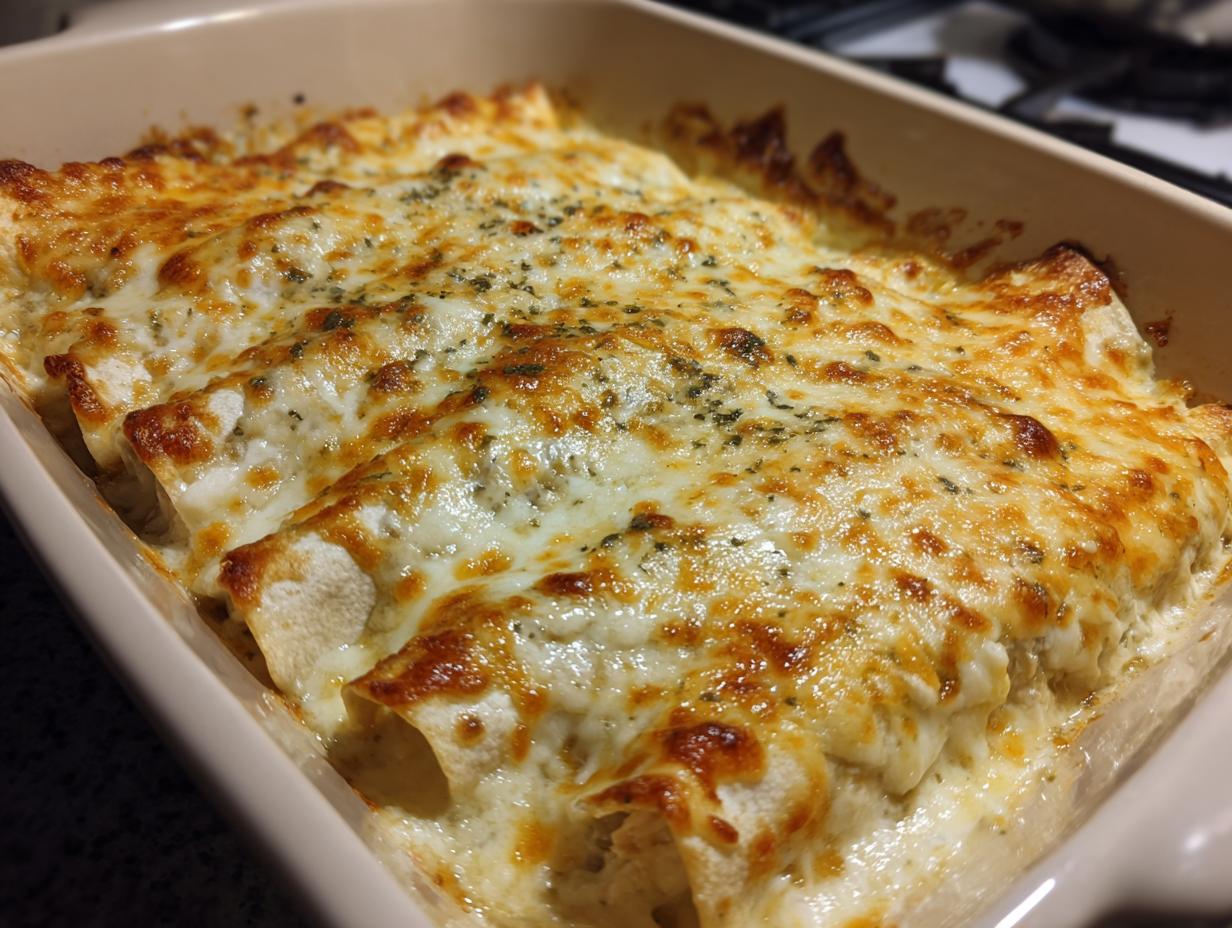 Close-up of freshly baked white chicken enchiladas covered in bubbly, browned cheese sauce.