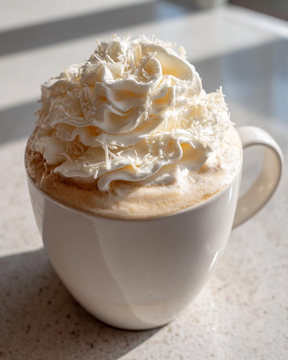 Close-up of a mug filled with rich white hot chocolate, generously topped with whipped cream and white chocolate shavings.