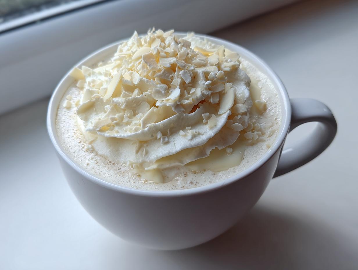 A close-up of a rich white hot chocolate topped with whipped cream and white chocolate shavings.
