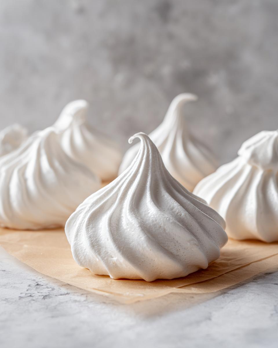 Close-up of several perfectly piped, white meringue cookies resting on brown parchment paper.