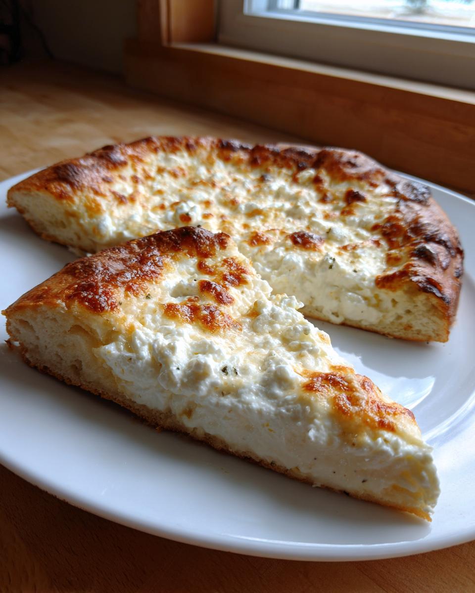 A thick slice of white pizza topped generously with creamy ricotta cheese, served on a white plate.