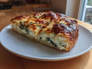 A thick slice of white pizza topped with melted, browned cheese and spinach filling, served on a white plate.
