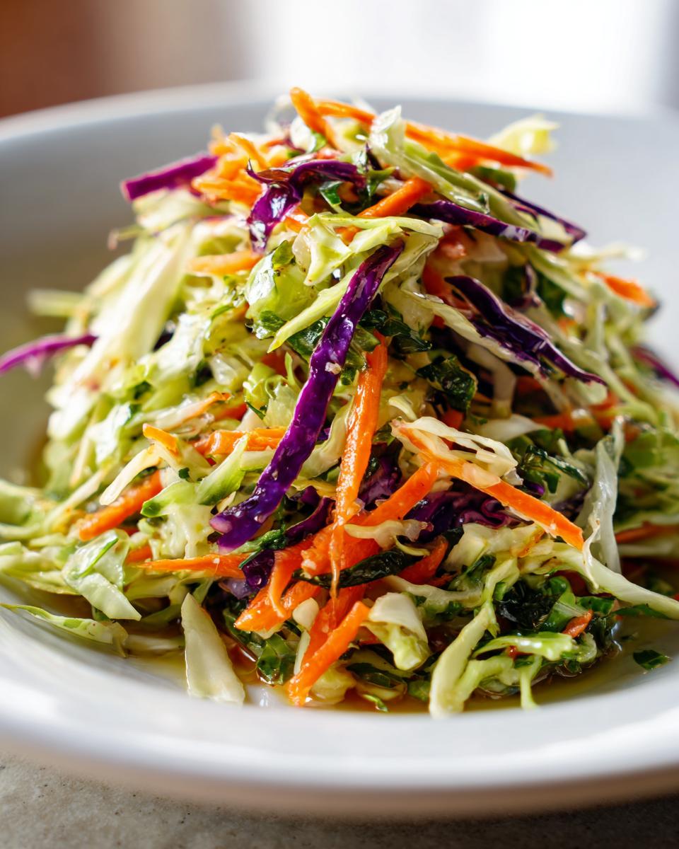 Close-up of a vibrant cabbage salad featuring shredded green cabbage, purple cabbage, and julienned carrots.