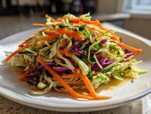 A bright, colorful mound of fresh cabbage salad featuring shredded green cabbage, red cabbage, carrots, and cucumber.