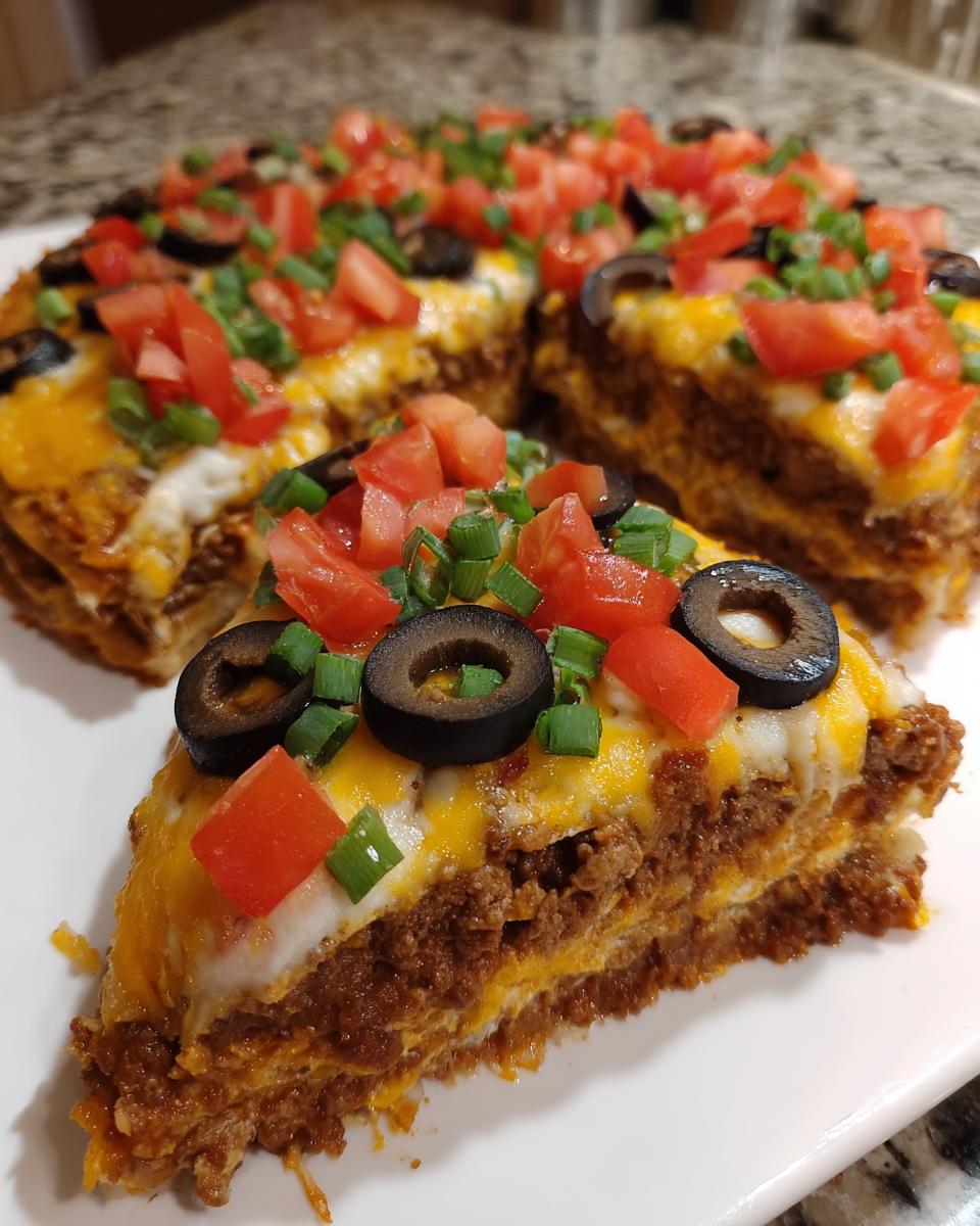 A thick slice of 10-layer Mexican pizza showing layers of meat and cheese, topped with tomatoes, olives, and green onions.