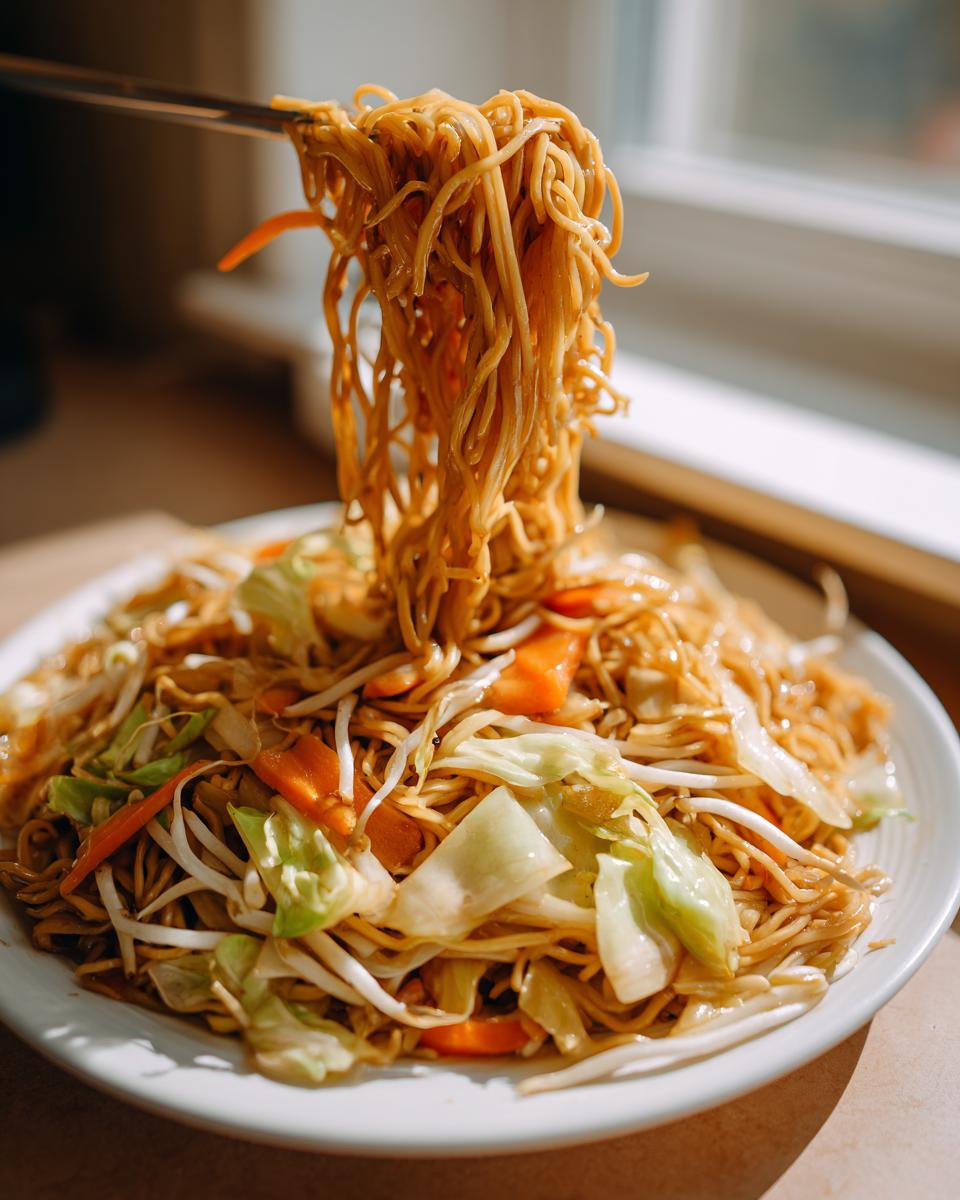 Chopsticks lifting a large portion of saucy fried noodles from a plate filled with cabbage, carrots, and bean sprouts.