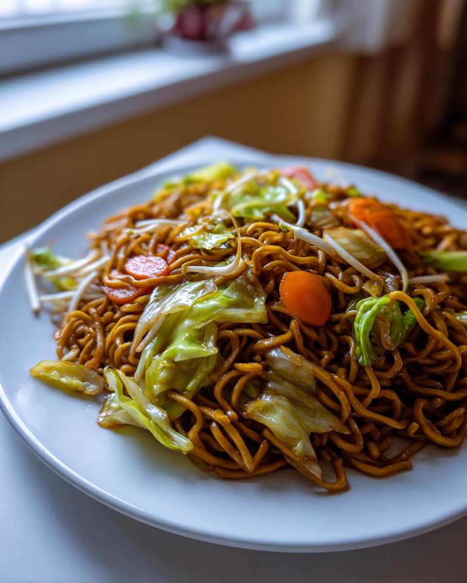 A close-up of savory fried noodles tossed with cabbage, carrots, and bean sprouts on a white plate.