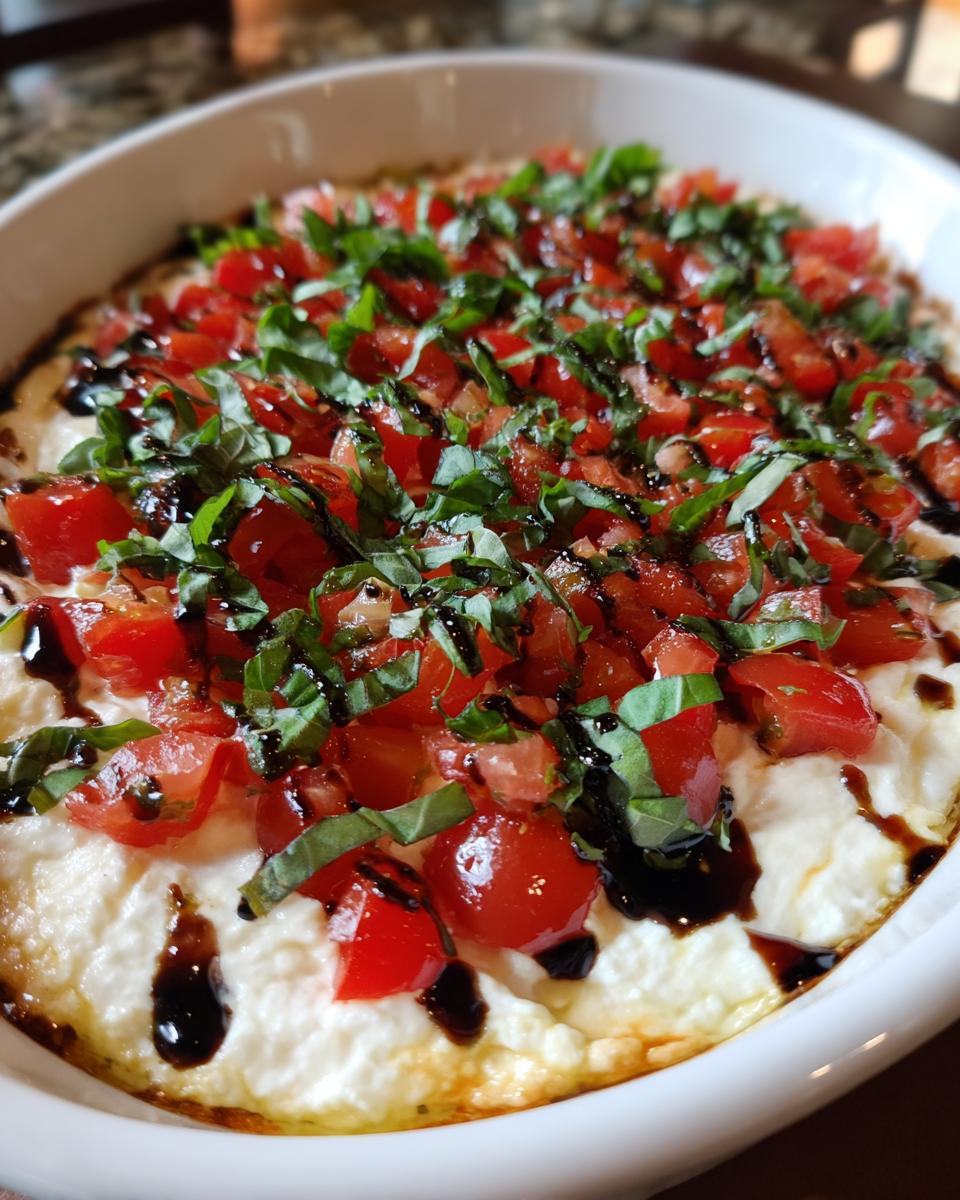 Close-up of a baked 3-cheese bruschetta dip topped with diced tomatoes, fresh basil, and balsamic glaze.
