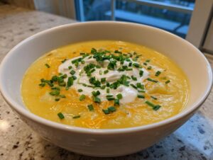 Close-up of a creamy bowl of cheese soup topped with sour cream, shredded cheddar, and fresh chives.