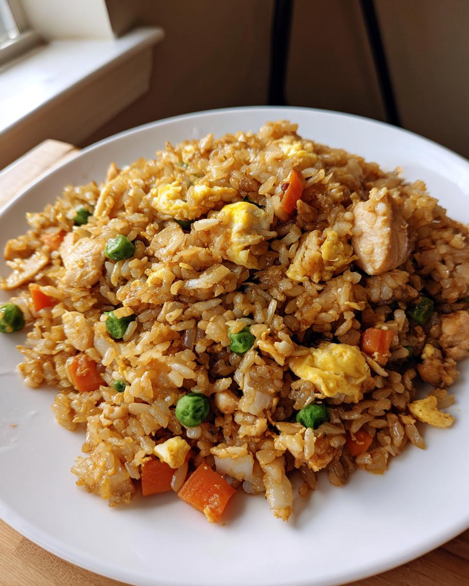 A large serving of flavorful chicken fried rice with visible pieces of chicken, scrambled egg, carrots, and peas on a white plate.