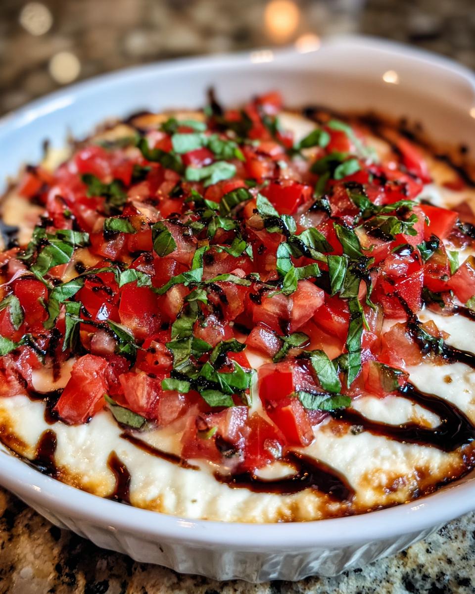 A baked, cheesy bruschetta dip topped with diced tomatoes, fresh basil, and a balsamic glaze drizzle.