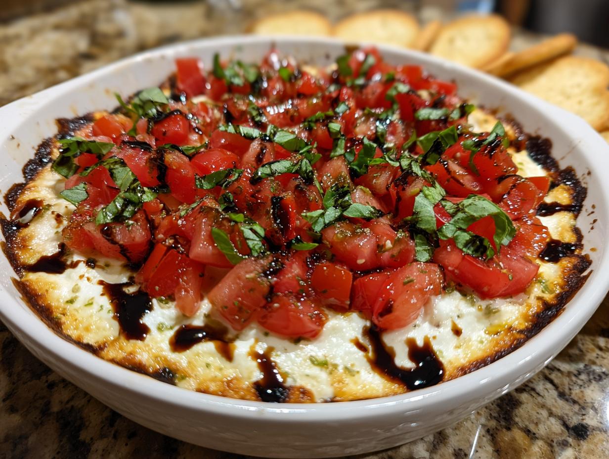 Close-up of baked 3-cheese bruschetta dip topped with diced tomatoes, basil, and balsamic glaze, served in a white dish.