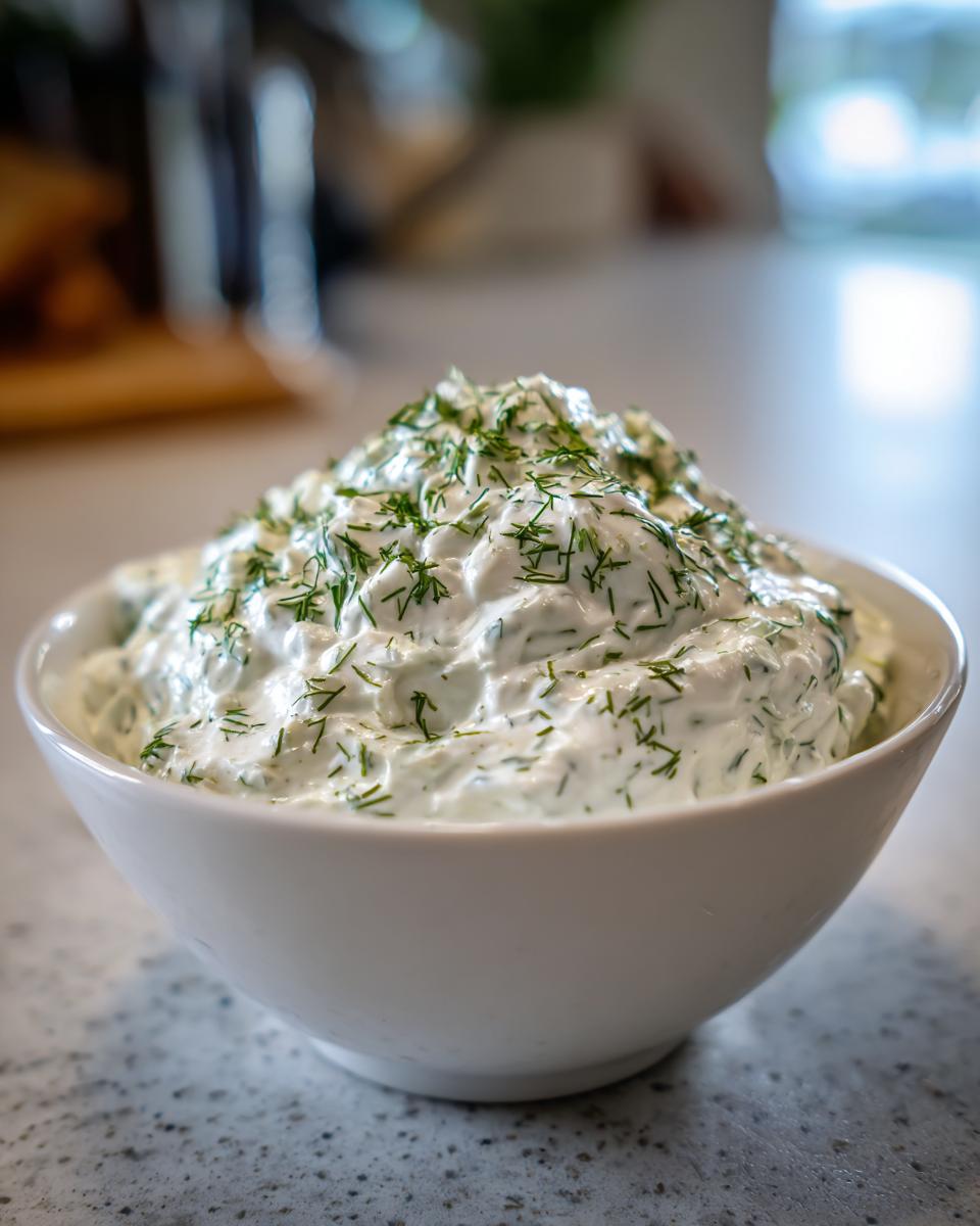 A close-up of a creamy, white dill dip generously garnished with fresh chopped dill.