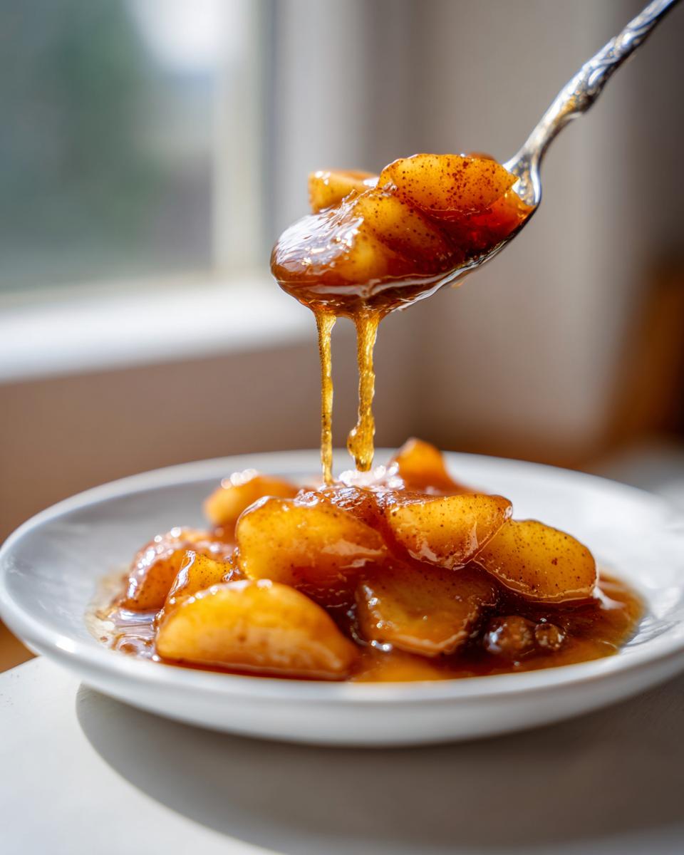 A spoonful of glistening, spiced apple pie filling dripping back into a white bowl of more apple pie filling.