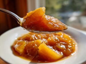 A spoonful of glistening, spiced apple pie filling held above a white bowl filled with more of the amazing apple pie filling.