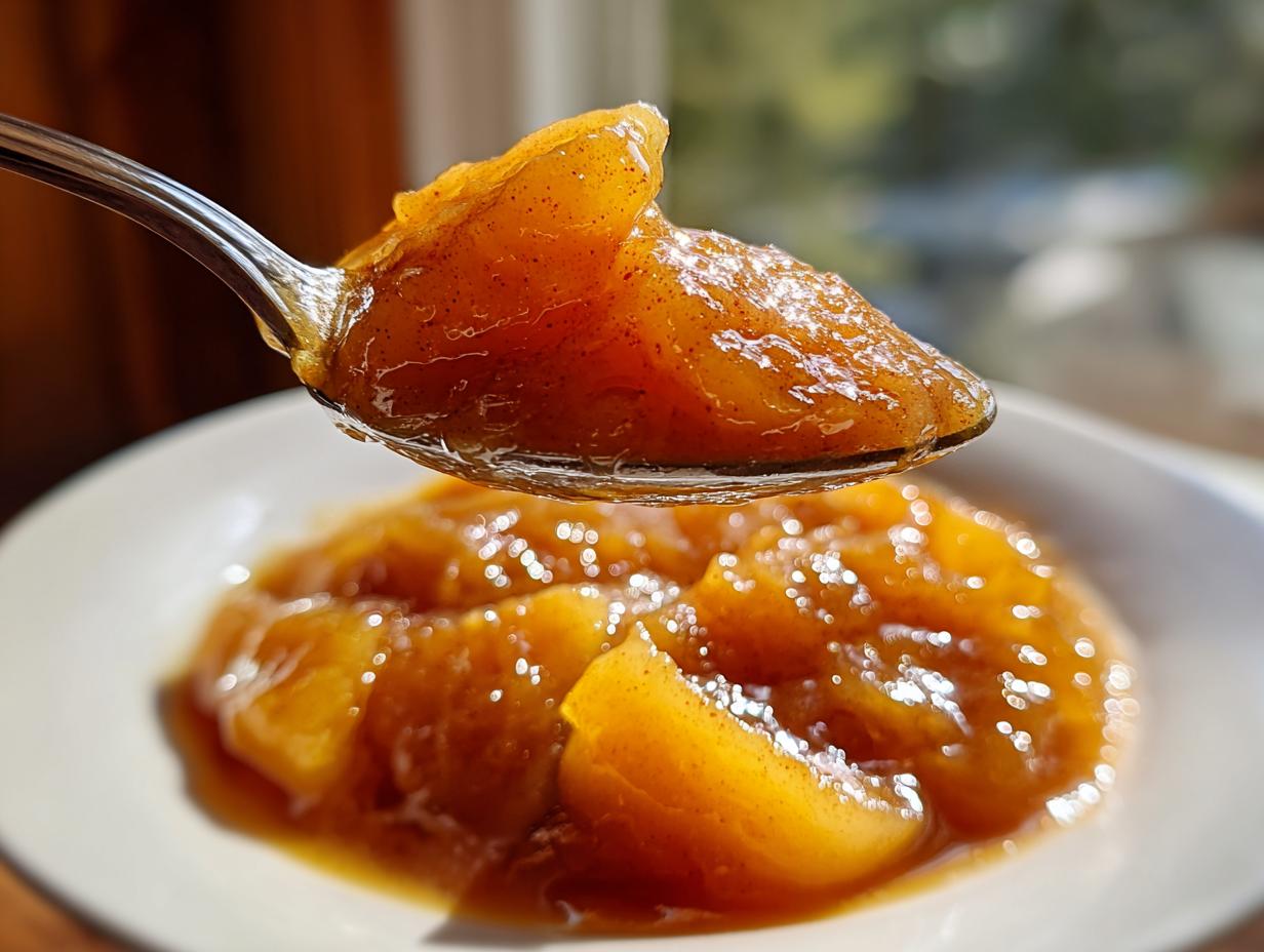A spoonful of glistening, spiced apple pie filling held above a white bowl filled with more of the amazing apple pie filling.