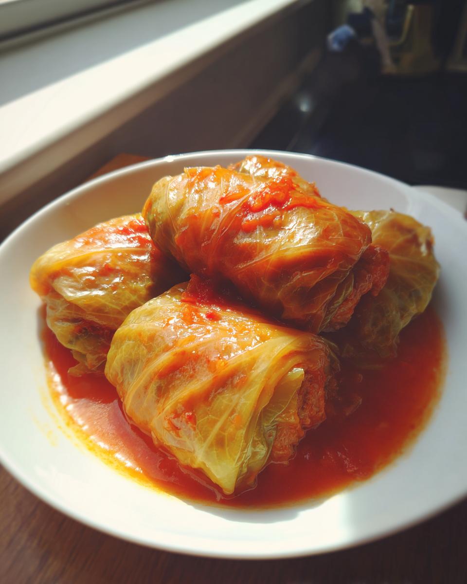 Four savory cabbage rolls simmered in a rich tomato sauce, served in a white bowl.