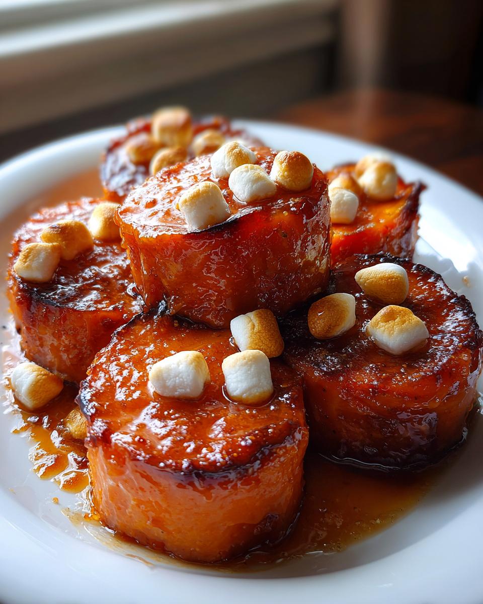 Close-up of glazed, round slices of candied yams topped with toasted mini marshmallows on a white plate.