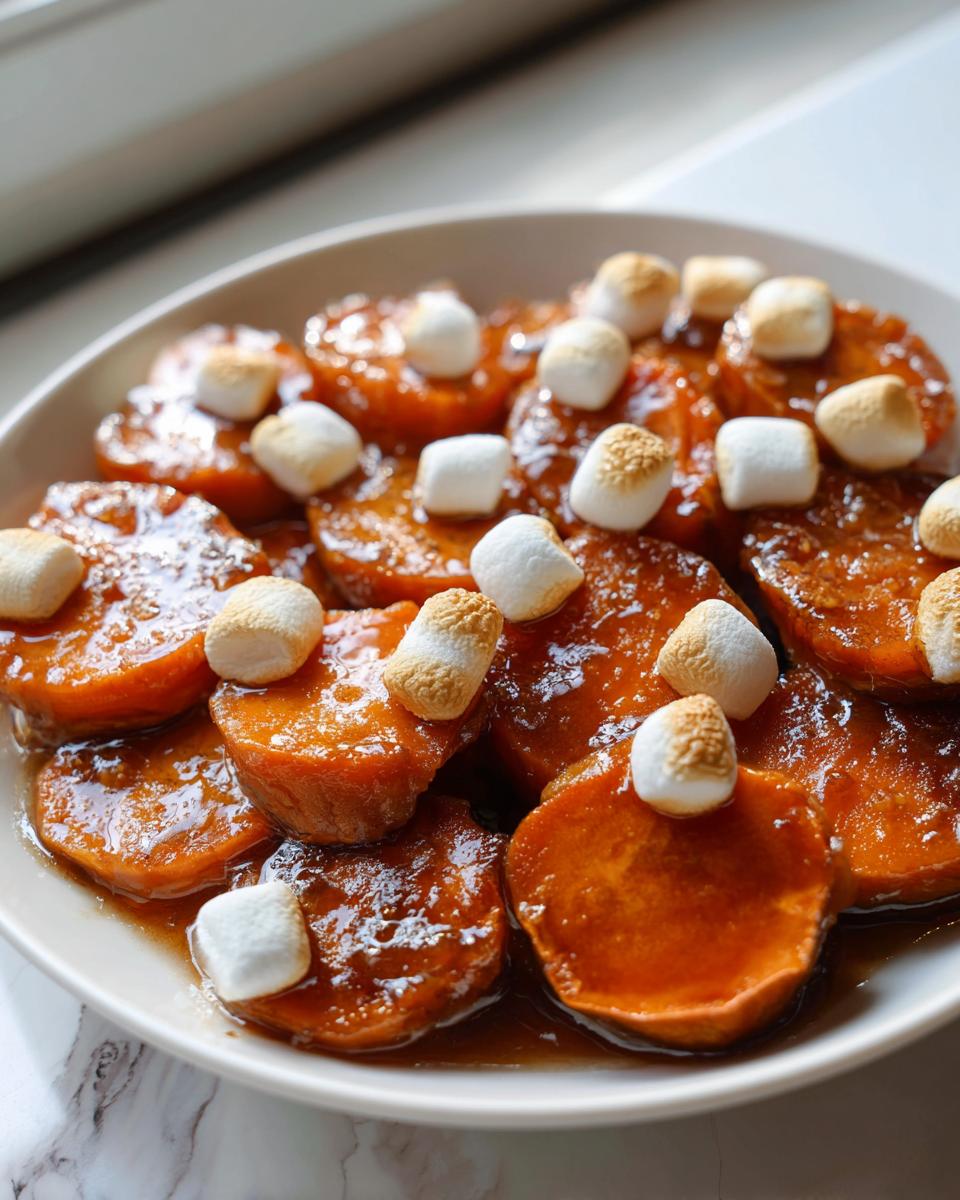 Close-up of sweet potato slices covered in glaze, served as candied yams, topped with toasted marshmallows.