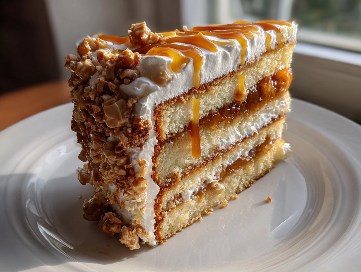 A tall slice of caramel crunch cake featuring layers of sponge, cream, and caramel filling, topped with crunchy nuts and caramel drizzle.