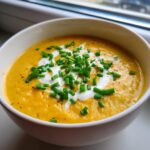 A close-up of a vibrant orange cheese soup topped with a swirl of cream and fresh chopped chives.