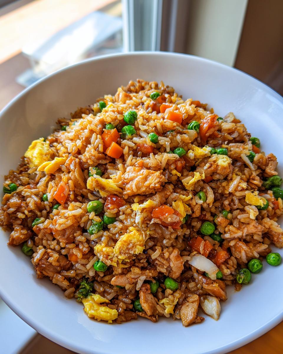 A close-up view of a white bowl filled with savory chicken fried rice, featuring rice, chicken pieces, scrambled egg, peas, and carrots.
