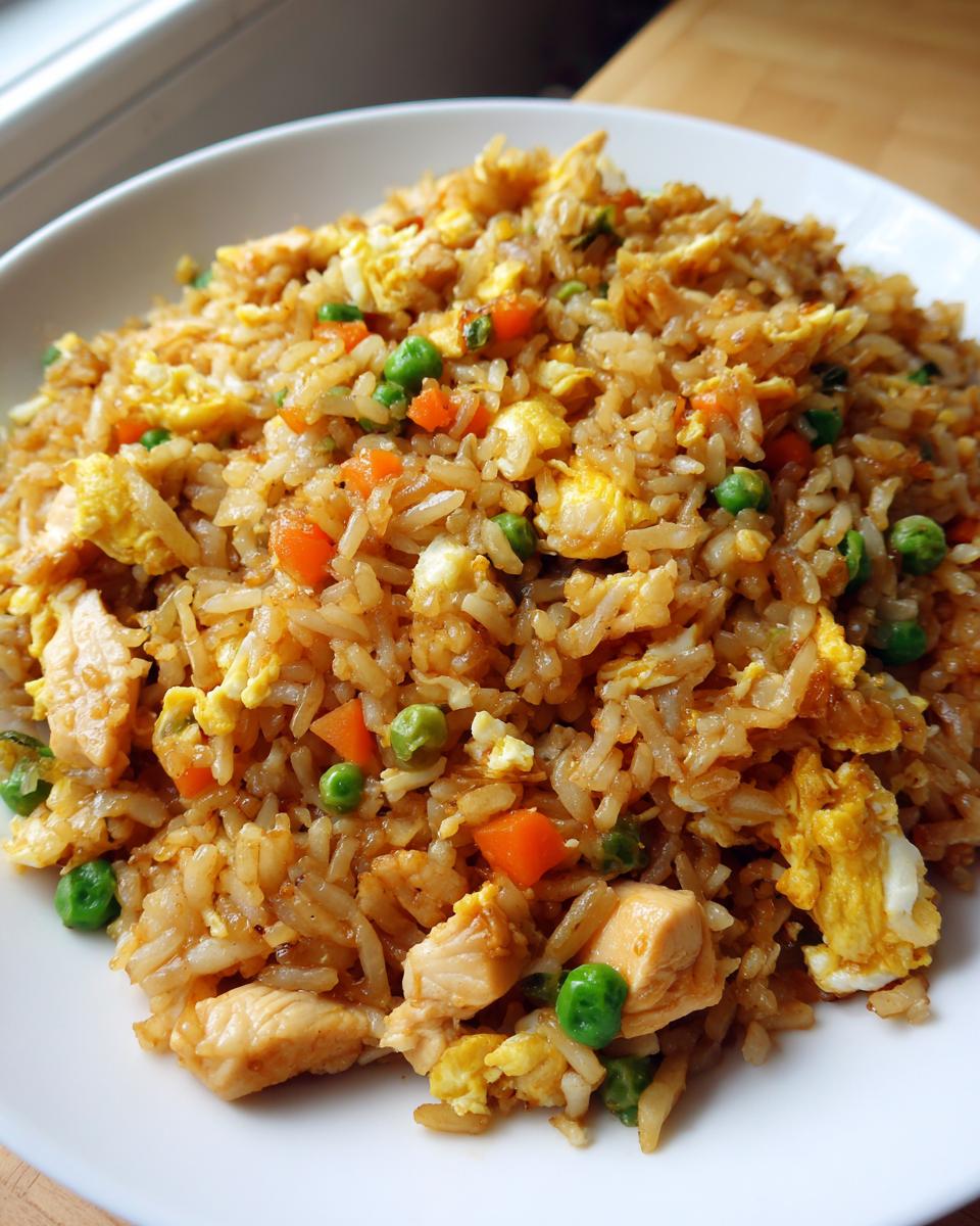 A close-up serving of flavorful chicken fried rice mixed with scrambled egg, peas, and diced carrots.