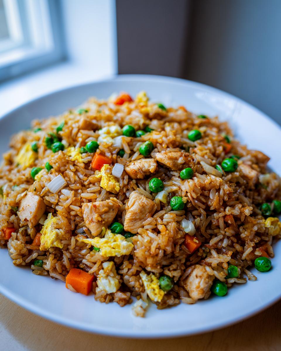 A close-up view of a generous serving of homemade chicken fried rice with visible pieces of chicken, scrambled egg, peas, and carrots.