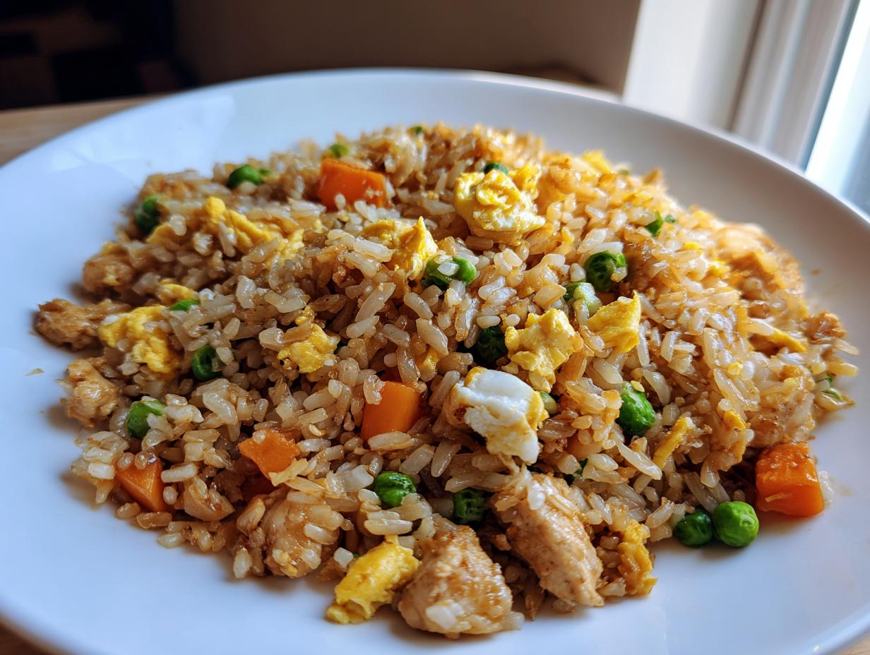 A close-up of a generous serving of homemade chicken fried rice with scrambled egg, peas, and carrots on a white plate.