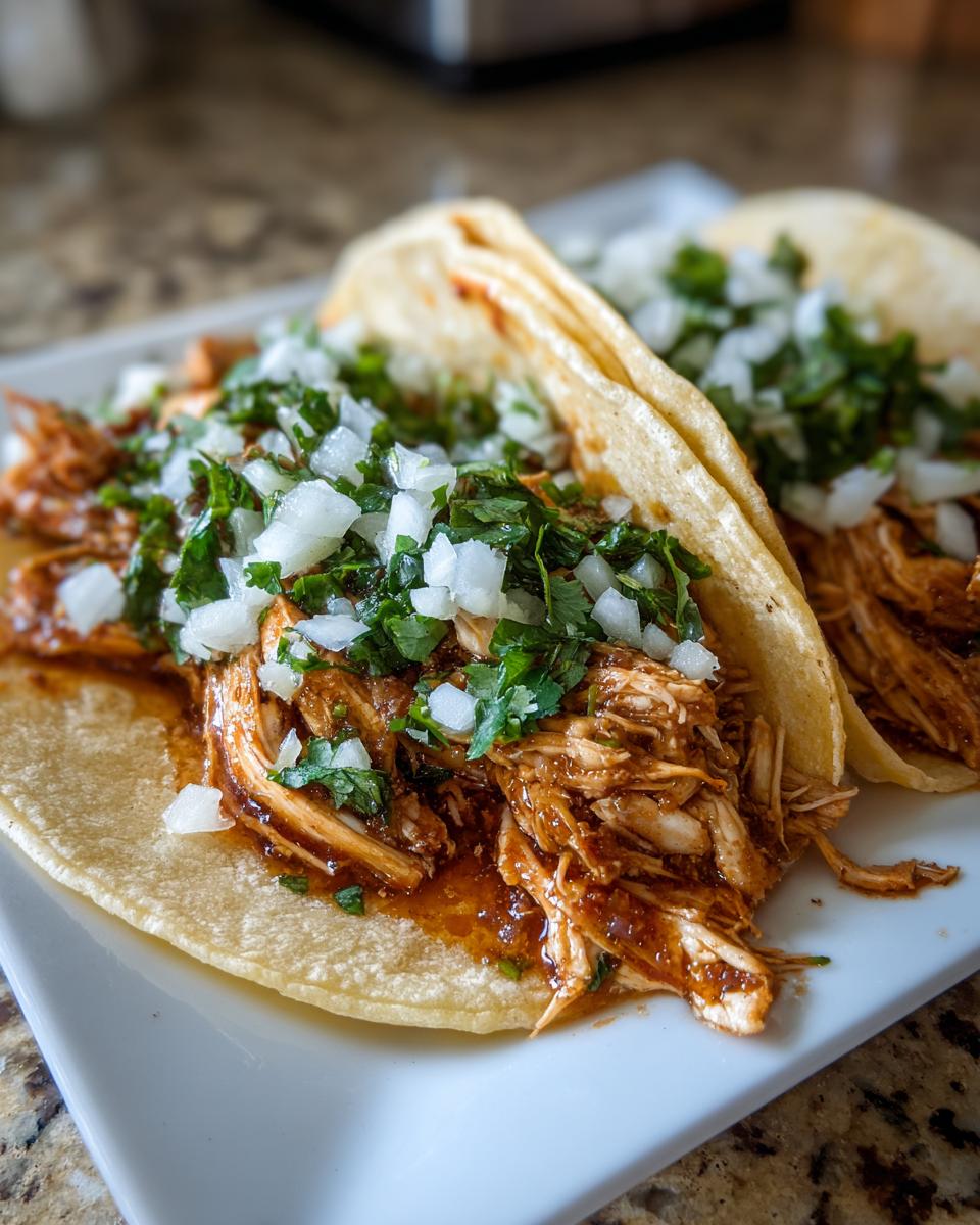 Two soft corn tortillas filled with saucy shredded chicken, topped with diced white onion and cilantro for amazing chicken tacos.